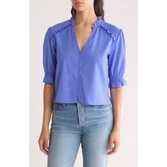 French Connection NWT Puff Sleeve Crepe Button-Up Top Size 12 Baja Blue Career - Picture 1 of 7